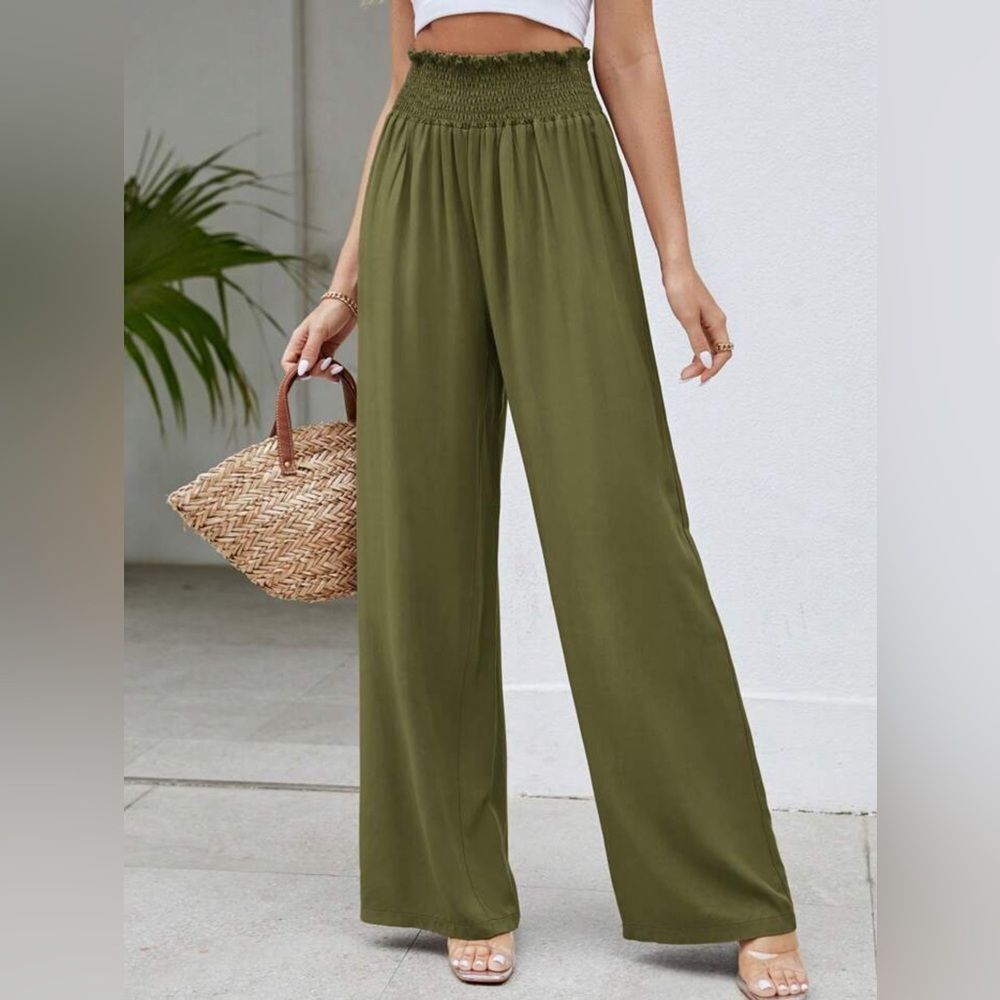 Olive Wide-Leg Smocked Waist Pants - Women - Picture 3 of 4
